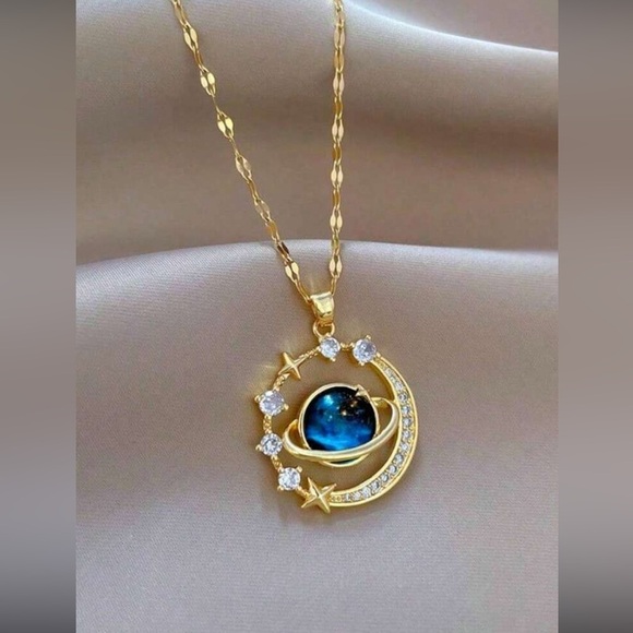 Gold and Blue Planet Pendant Necklace - Picture 1 of 3